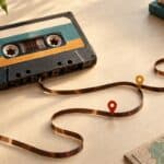 Retro cassette tape with unspooled brown magnetic tape winding across a table past three map location pins, a coffee cup, and a map