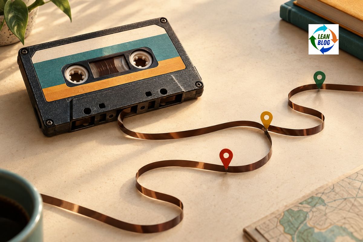 Retro cassette tape with unspooled brown magnetic tape winding across a table past three map location pins, a coffee cup, and a map