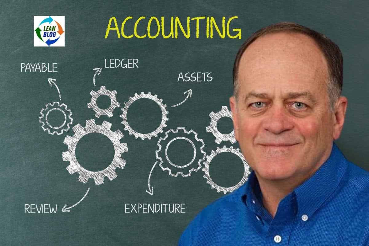 Nick Katko in blue shirt beside chalkboard reading ACCOUNTING with chalk gears labeled Payable, Ledger, Assets, Expenditure, Review