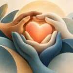 Illustration of three hands with different skin tones cradling a glowing orange heart, surrounded by blue and beige abstract leaf shapes