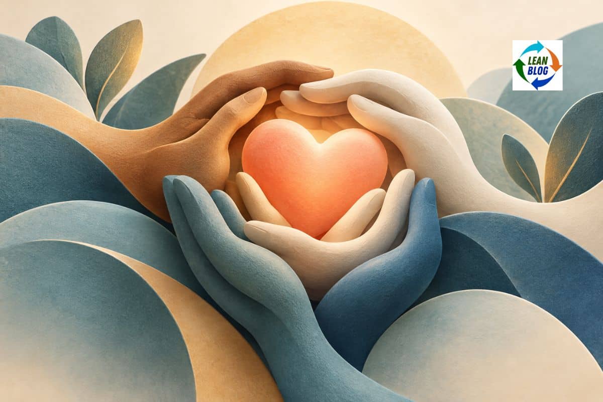 Illustration of three hands with different skin tones cradling a glowing orange heart, surrounded by blue and beige abstract leaf shapes