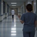 Medical professional in dark scrubs stands in a brightly lit hospital corridor, looking toward the distance.