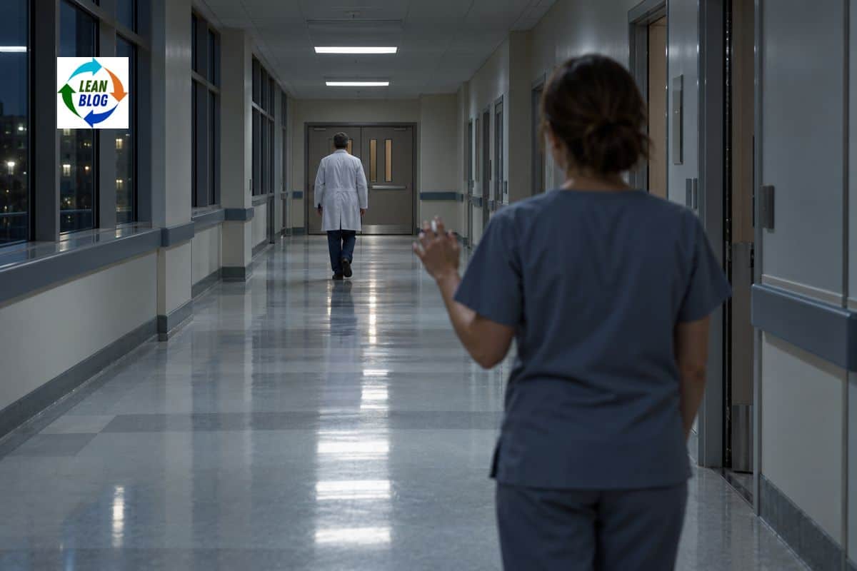 Medical professional in dark scrubs stands in a brightly lit hospital corridor, looking toward the distance.