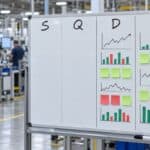 Lean management whiteboard with S, Q, D, C columns, where D and C are filled with charts and S and Q are blank