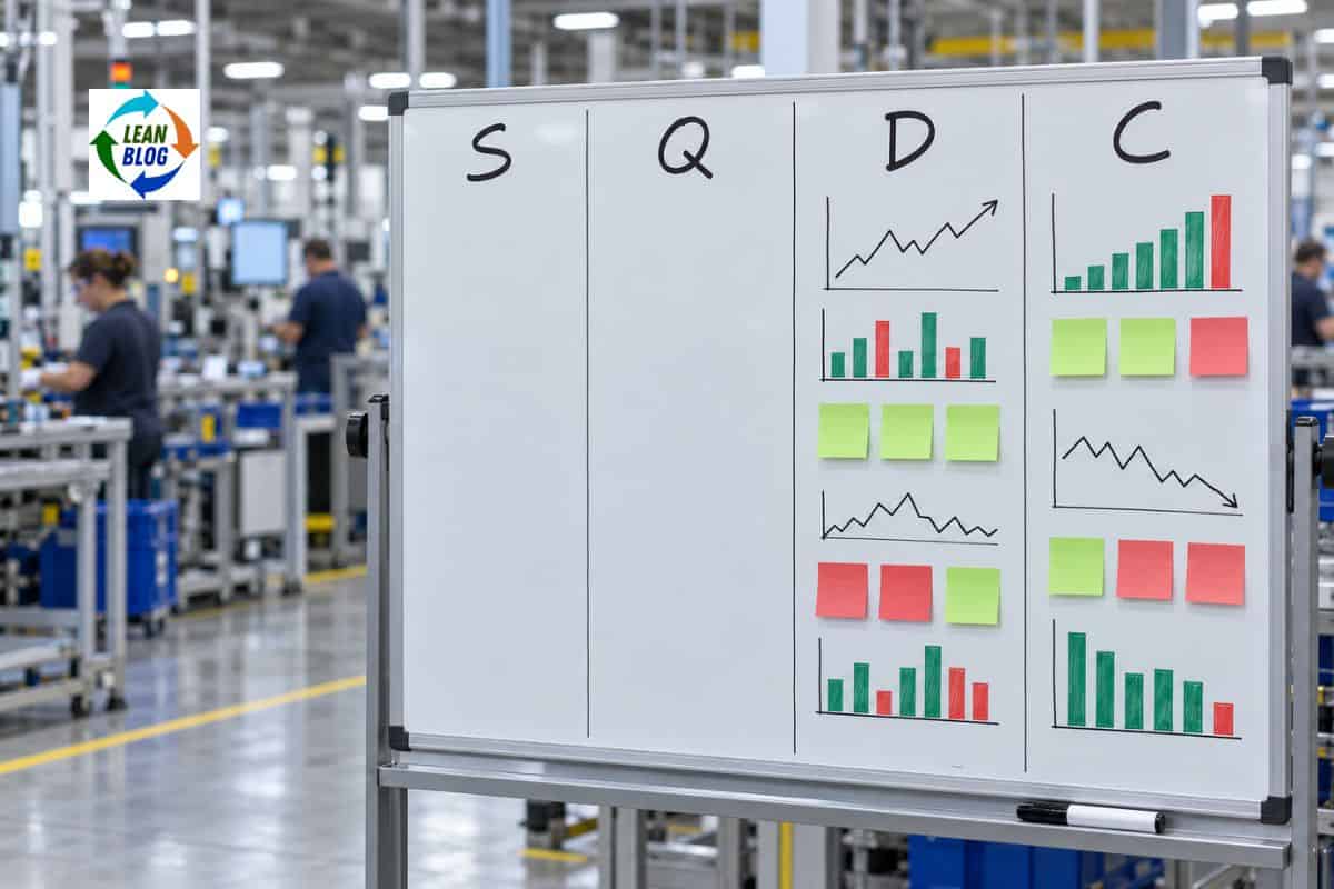 Lean management whiteboard with S, Q, D, C columns, where D and C are filled with charts and S and Q are blank