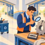 Illustration of a worker inspecting a cracked gear with a magnifying glass on a workbench in a factory, with a cassette tape and tool cart nearby