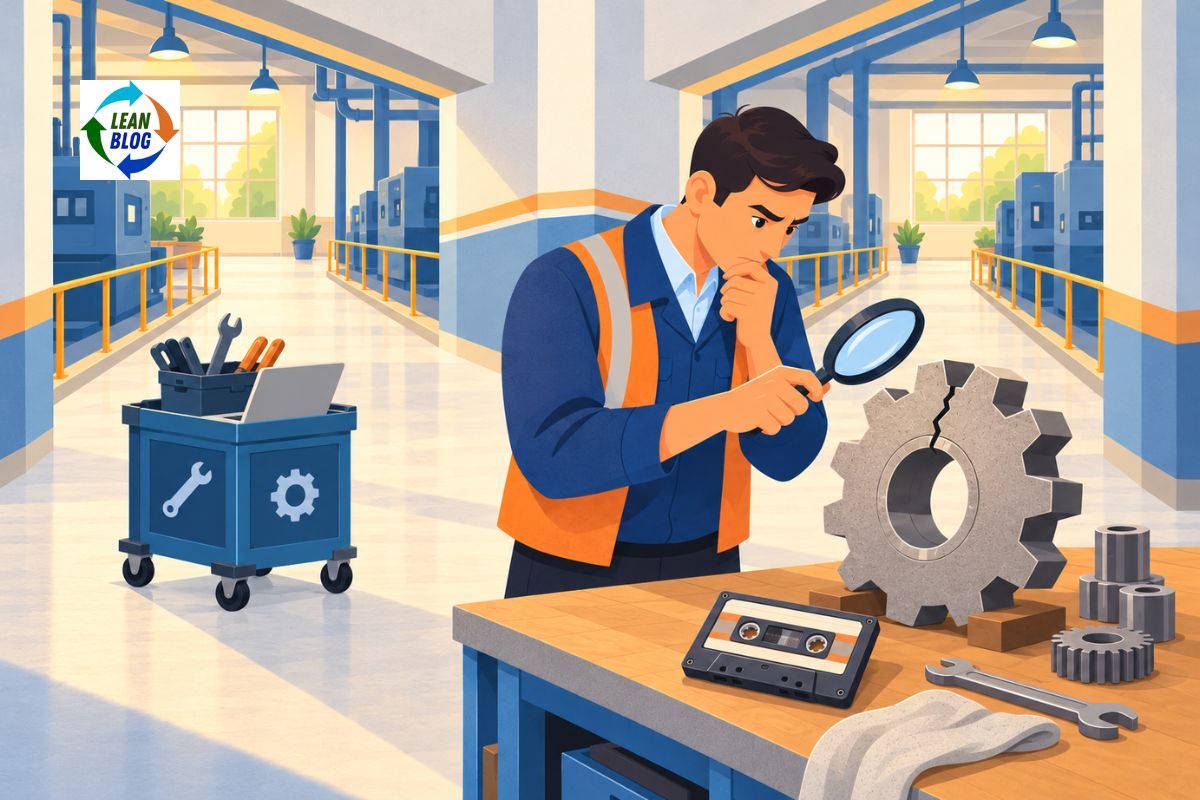 Illustration of a worker inspecting a cracked gear with a magnifying glass on a workbench in a factory, with a cassette tape and tool cart nearby