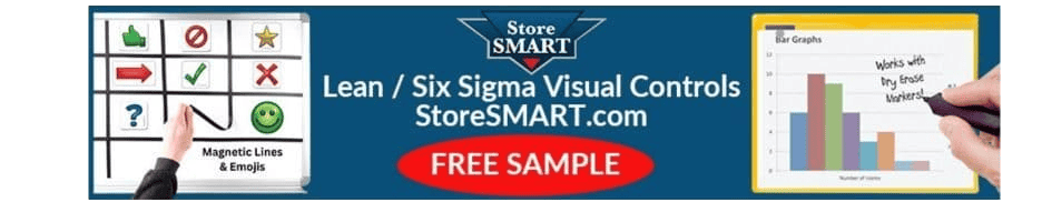 2024:08:2024_StoreSMART_Lean-Blog_Ad_936x200d Lean Six Sigma visual controls with magnetic lines and emoji for process improvement and visual management in business.